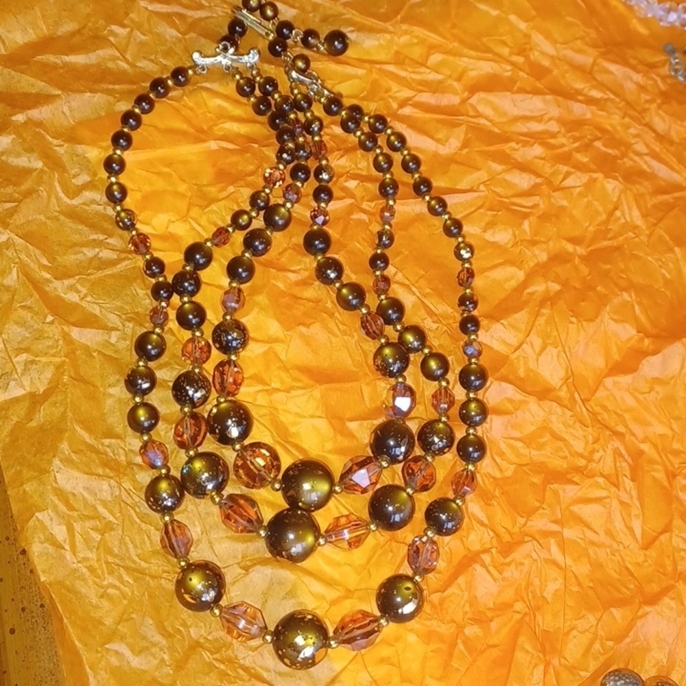 Vintage Aurora Borealis 3 strand Necklace with Tiger eye & gold bead accents